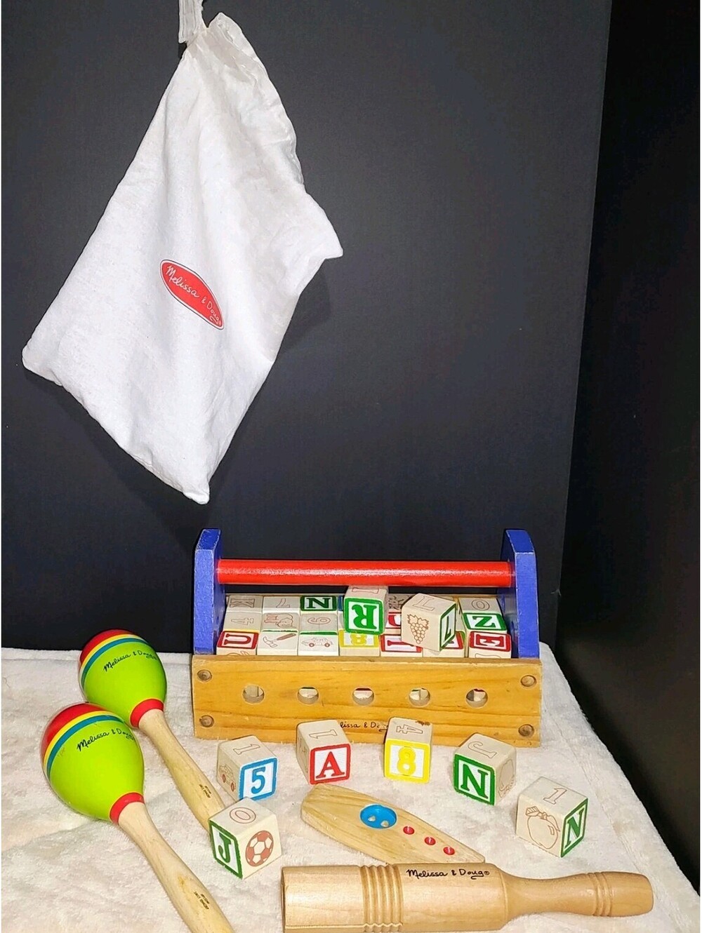 Melissa And Doug 50 Piece Wooden Blocks W/ Tool Box , Bag & Musical Instruments